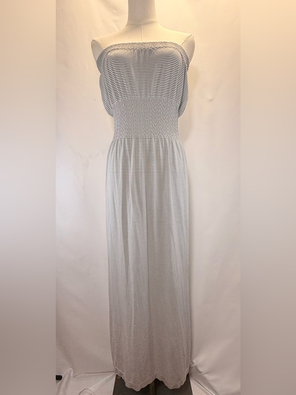 Lark + Grey Gray White Stripe Strapless Maxi Dress S/M Beach Vacation - Picture 2 of 11